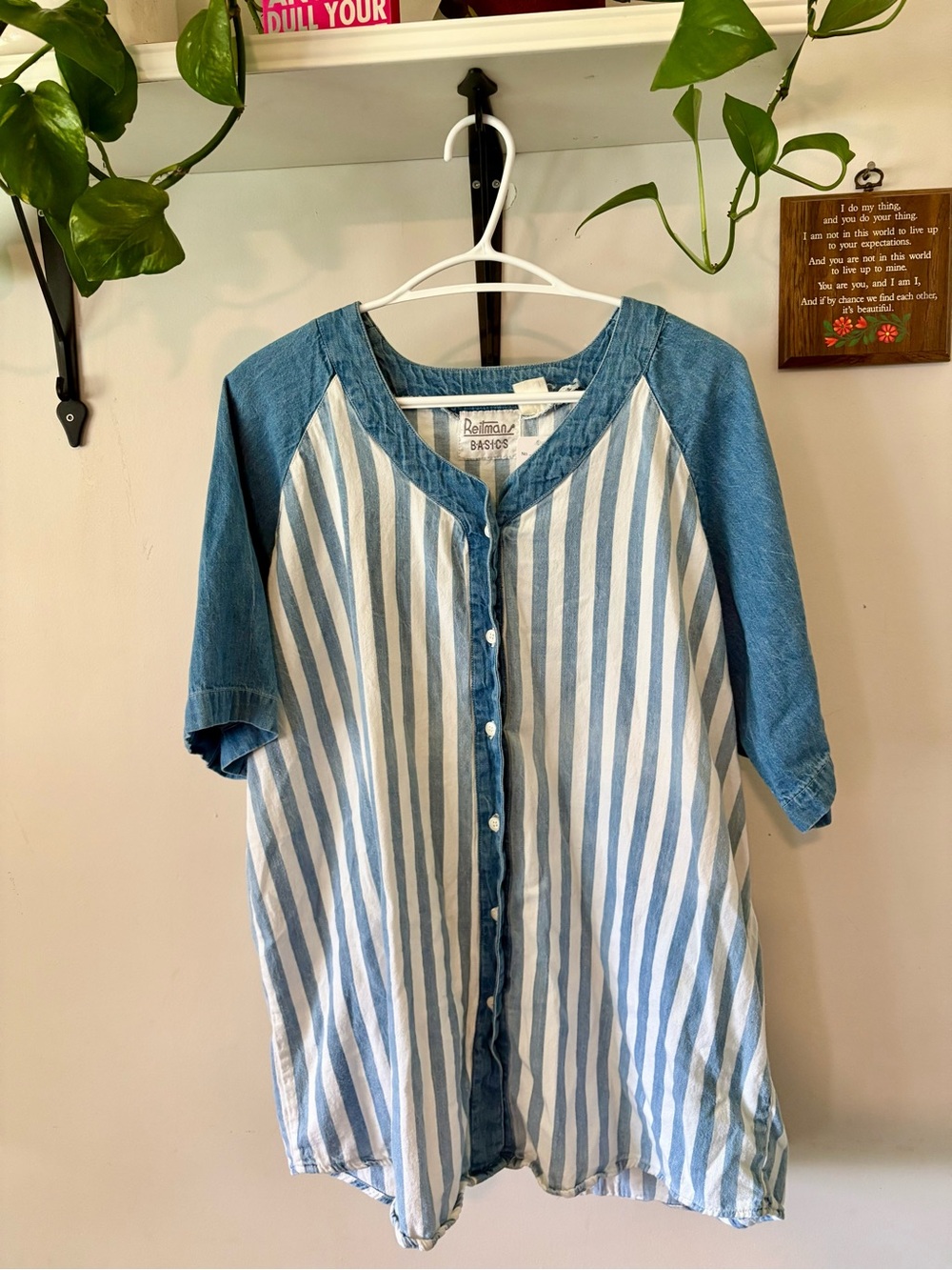 Reitmans Blue & White Striped Raglan Button-Down Top